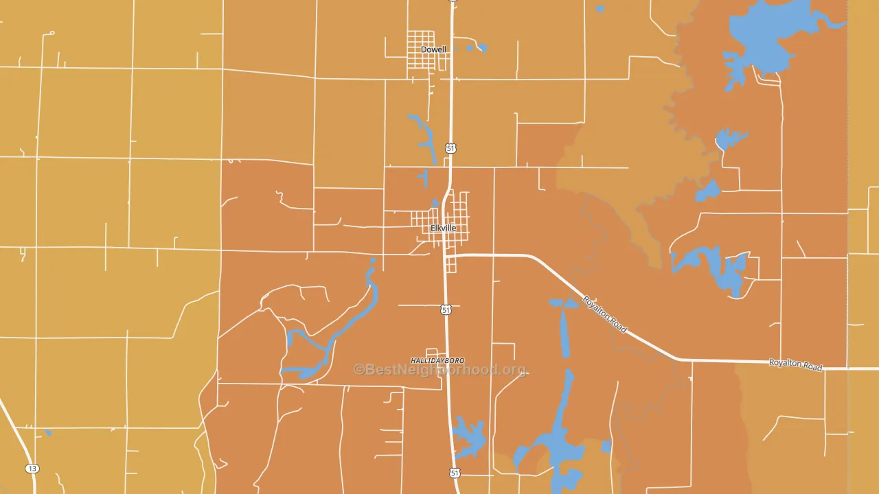 Map of the best neighborhoods in the 62932 area, with better matches in green and worse matches in red