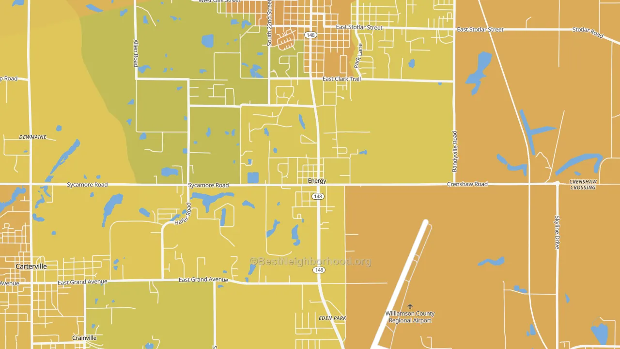 Map of the best neighborhoods in the 62933 area, with better matches in green and worse matches in red