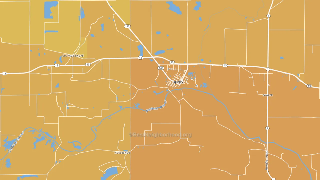 Map of the best neighborhoods in the 62934 area, with better matches in green and worse matches in red