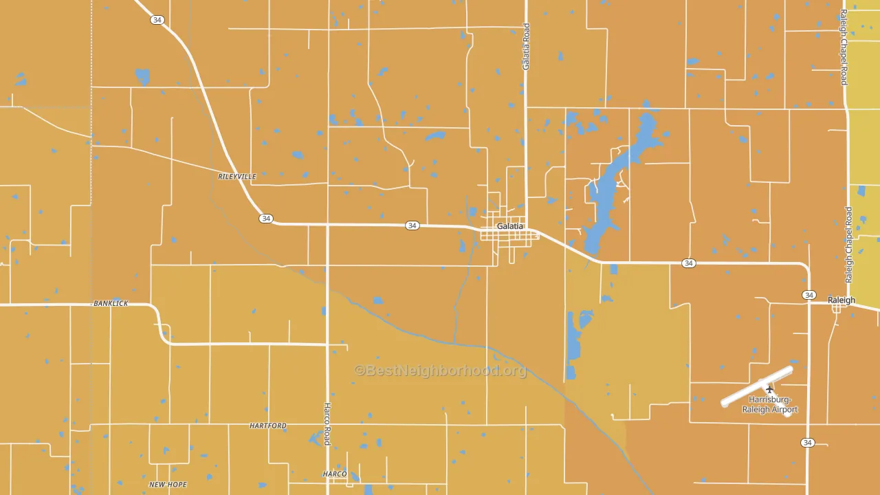 Map of the best neighborhoods in the 62935 area, with better matches in green and worse matches in red
