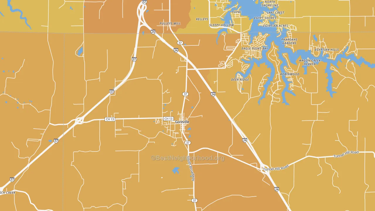 Map of the best neighborhoods in the 62939 area, with better matches in green and worse matches in red