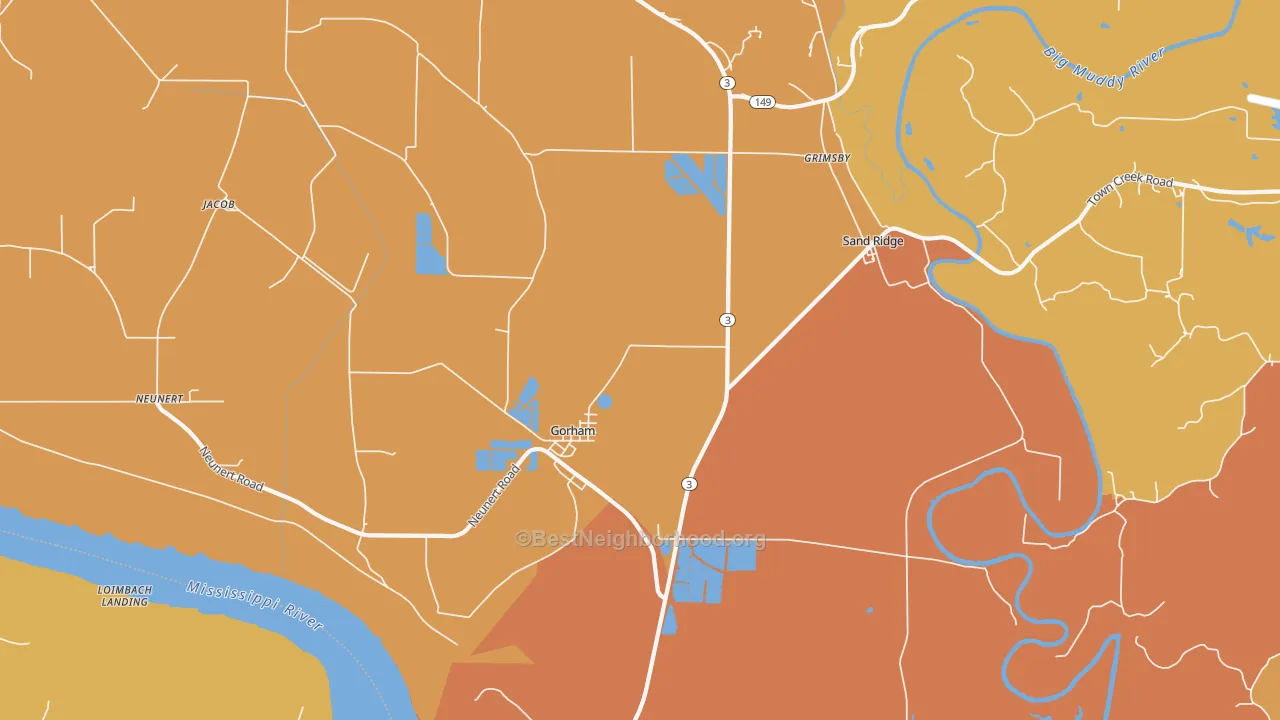 Map of the best neighborhoods in the 62940 area, with better matches in green and worse matches in red