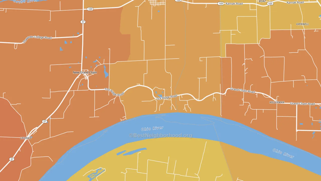 Map of the best neighborhoods in the 62941 area, with better matches in green and worse matches in red
