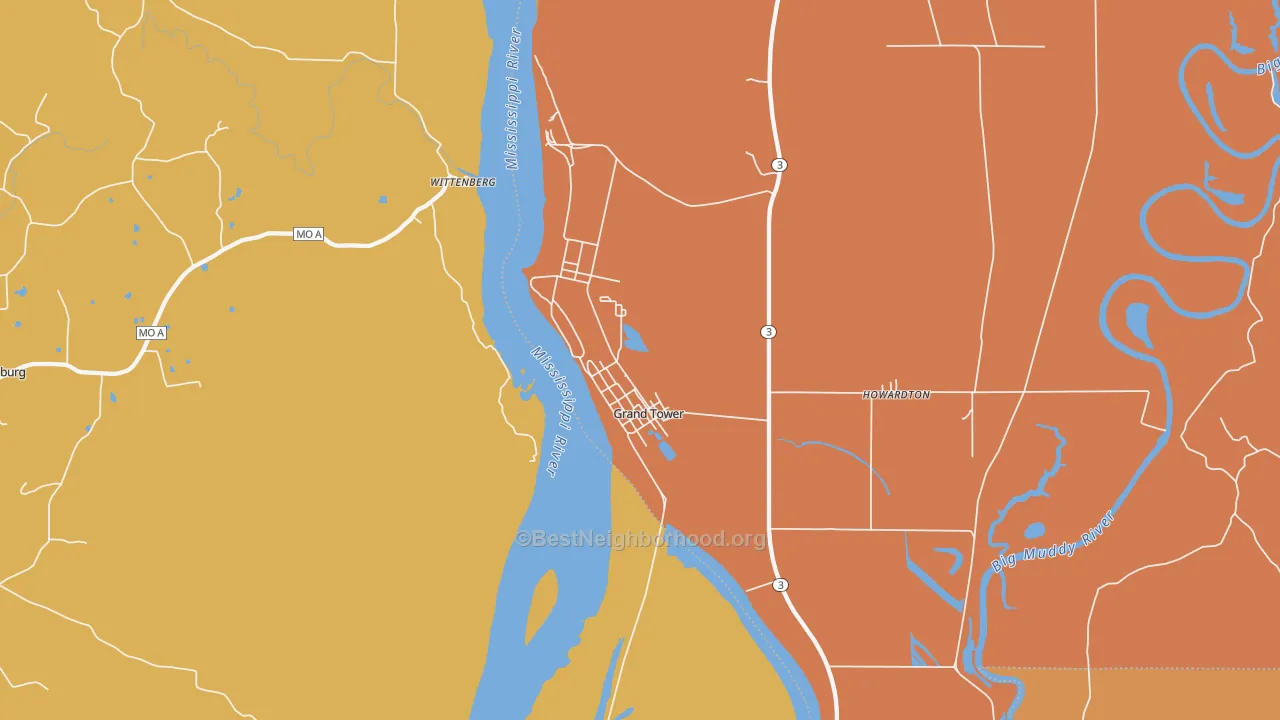 Map of the best neighborhoods in the 62942 area, with better matches in green and worse matches in red