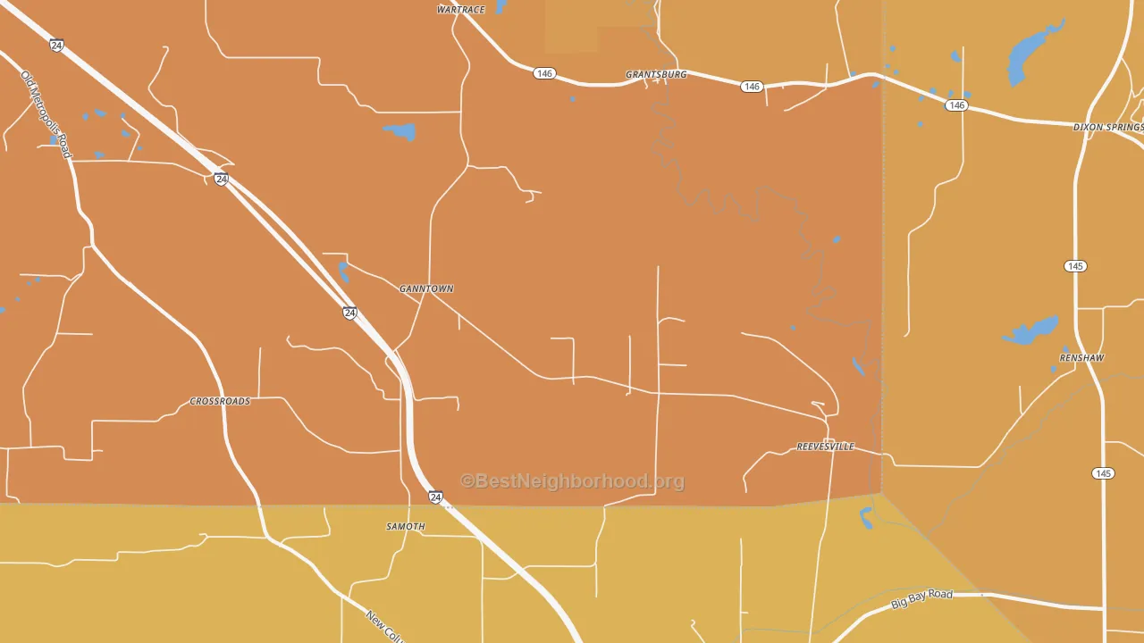 Map of the best neighborhoods in the 62943 area, with better matches in green and worse matches in red