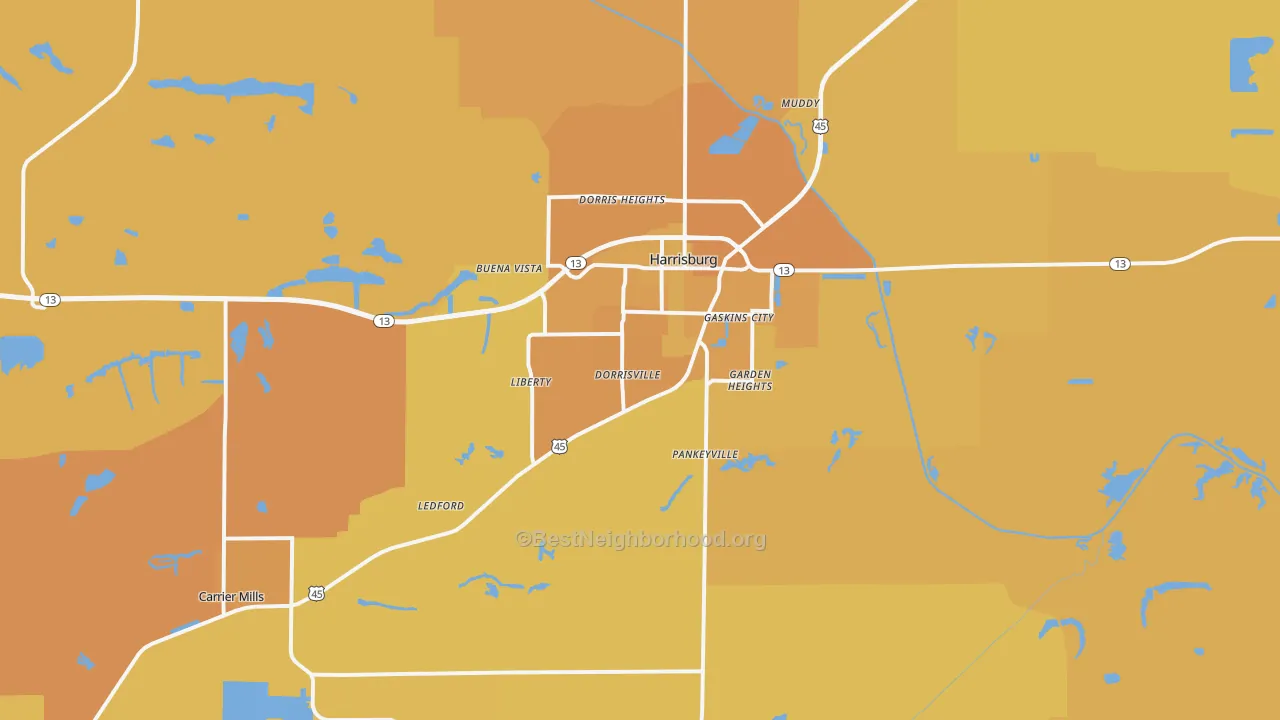 Map of the best neighborhoods in the 62946 area, with better matches in green and worse matches in red