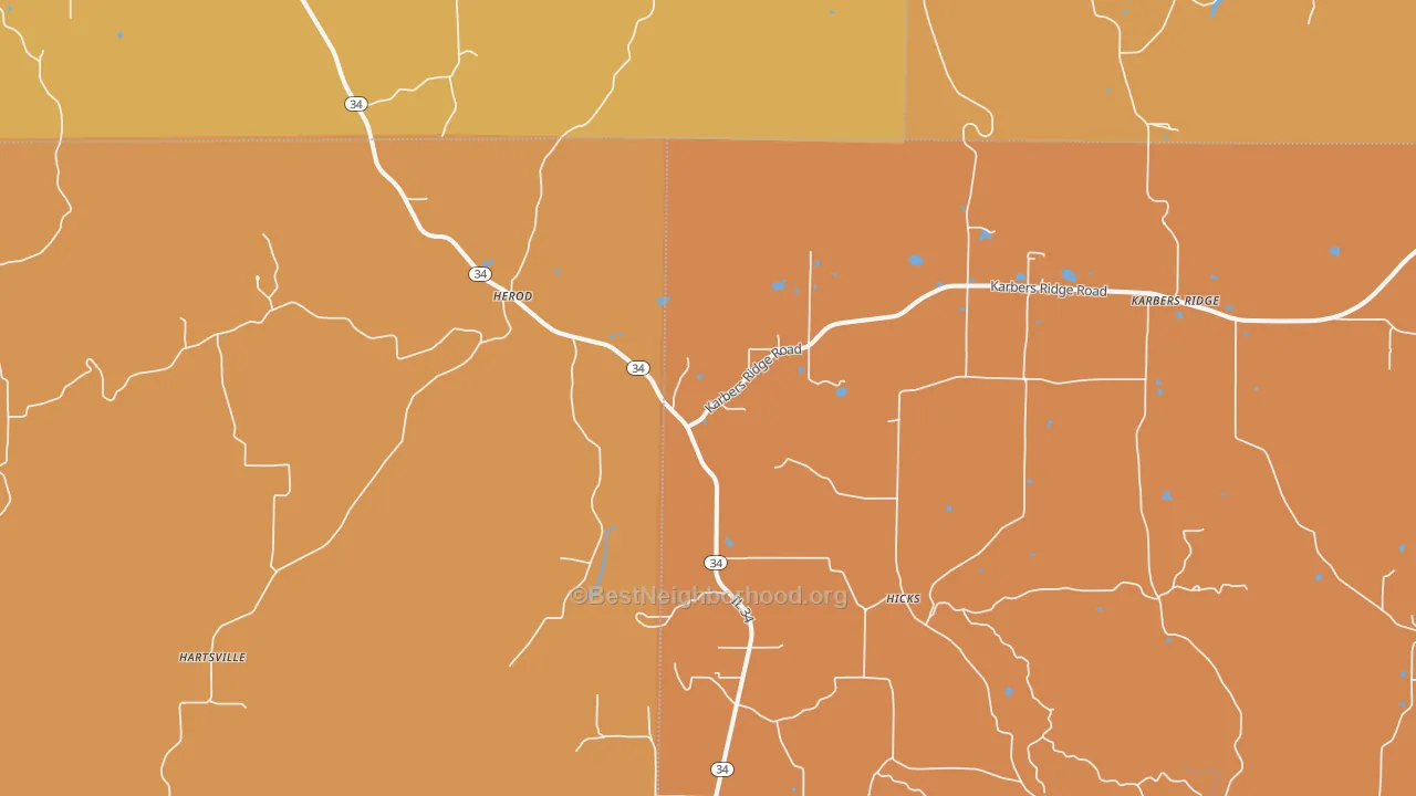 Map of the best neighborhoods in the 62947 area, with better matches in green and worse matches in red