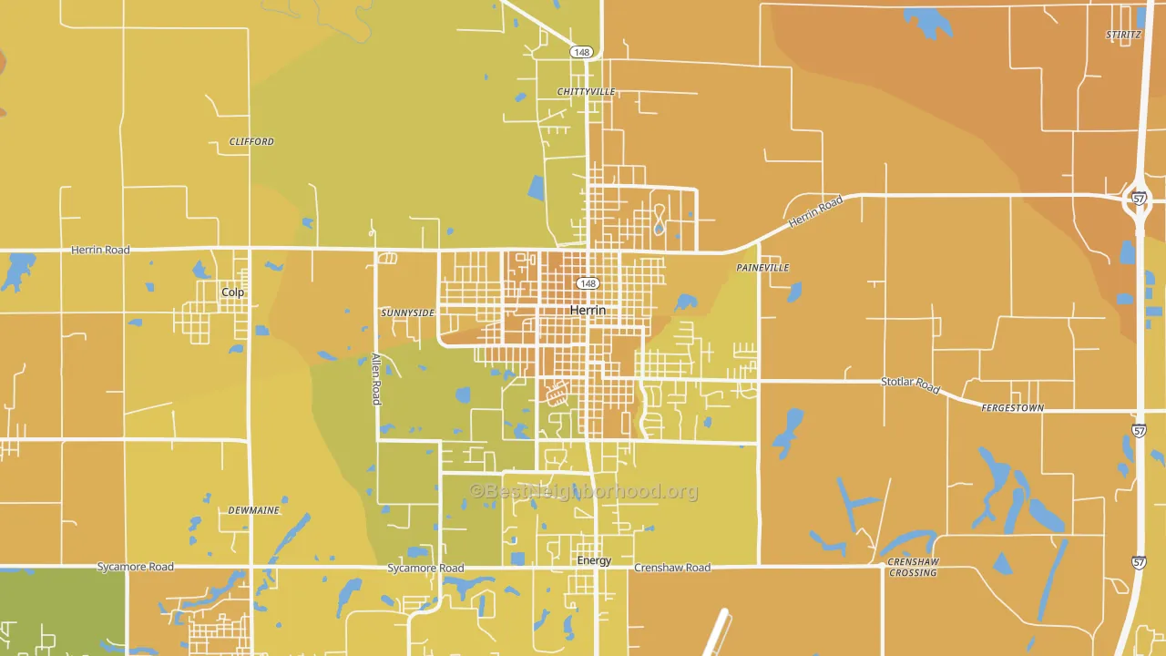 Map of the best neighborhoods in the 62948 area, with better matches in green and worse matches in red