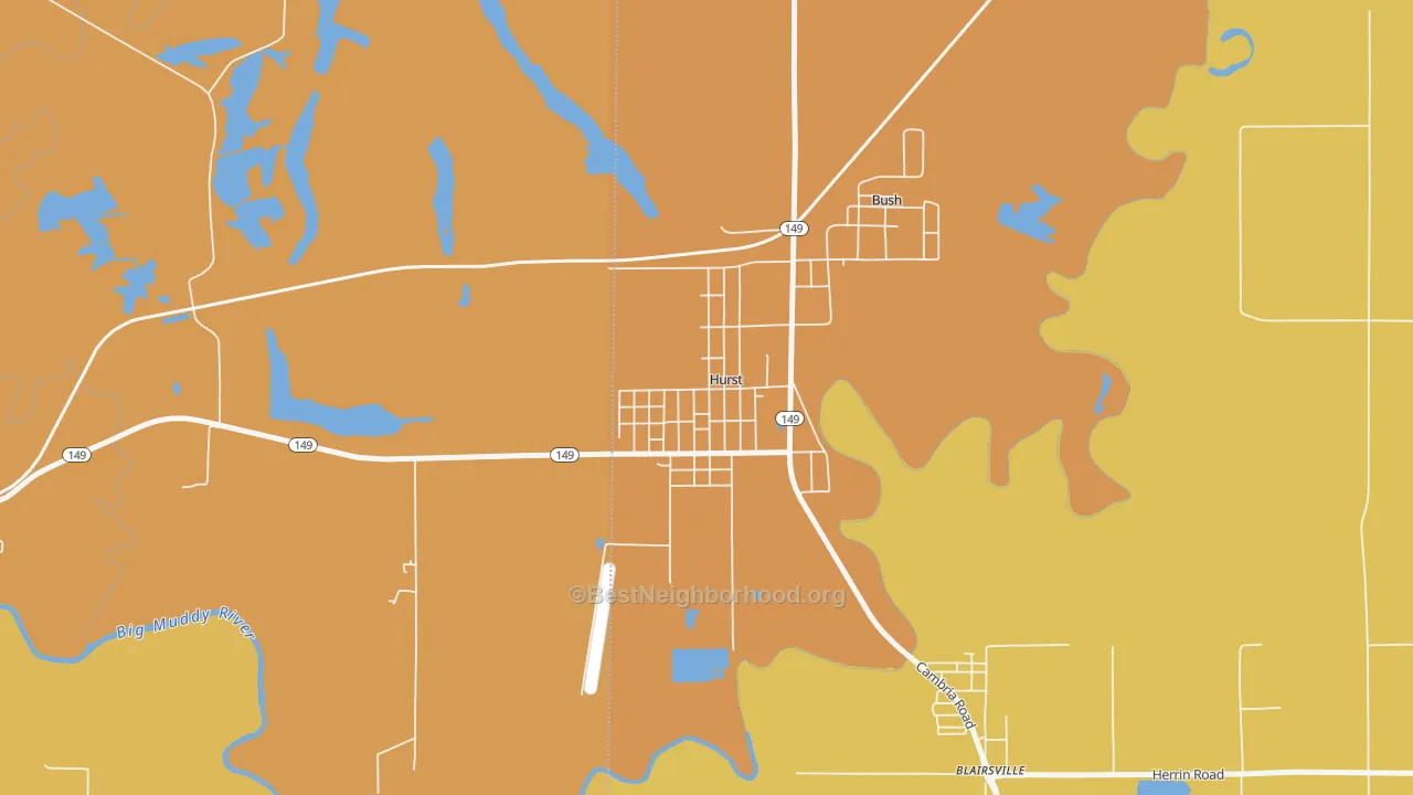 Map of the best neighborhoods in the 62949 area, with better matches in green and worse matches in red