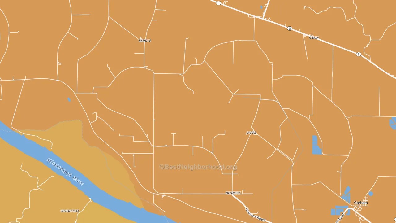 Map of the best neighborhoods in the 62950 area, with better matches in green and worse matches in red