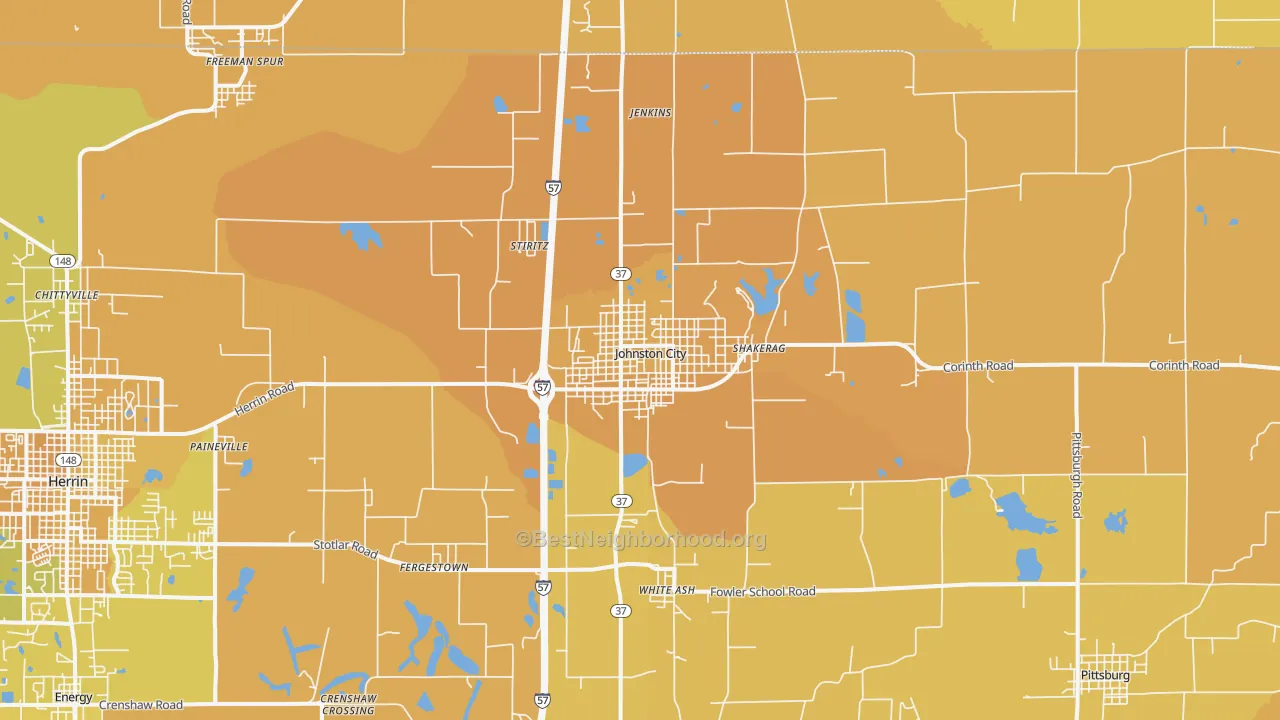 Map of the best neighborhoods in the 62951 area, with better matches in green and worse matches in red