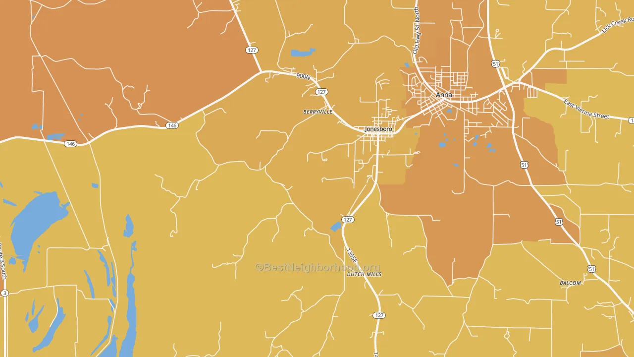 Map of the best neighborhoods in the 62952 area, with better matches in green and worse matches in red