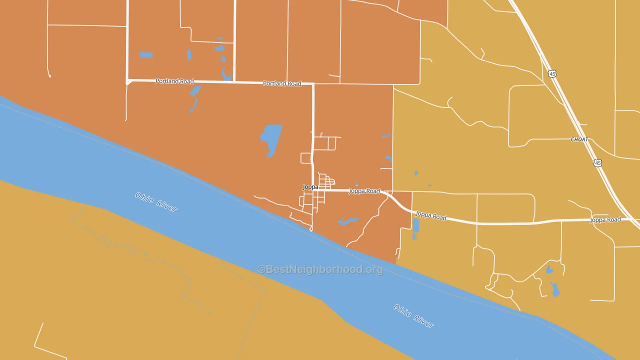 Map of the best neighborhoods in the 62953 area, with better matches in green and worse matches in red