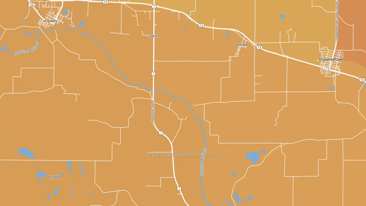 Map of the best neighborhoods in the 62954 area, with better matches in green and worse matches in red