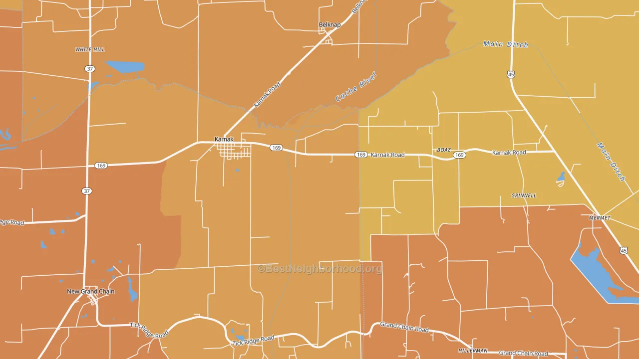 Map of the best neighborhoods in the 62956 area, with better matches in green and worse matches in red