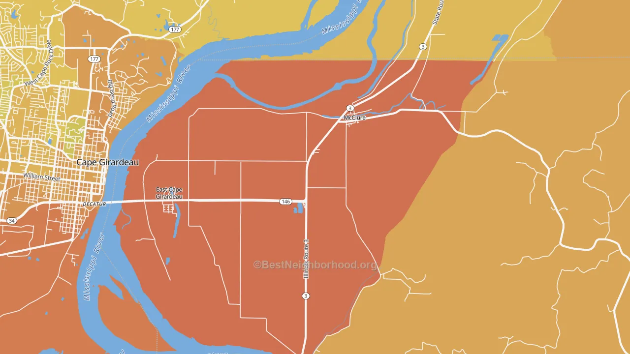 Map of the best neighborhoods in the 62957 area, with better matches in green and worse matches in red