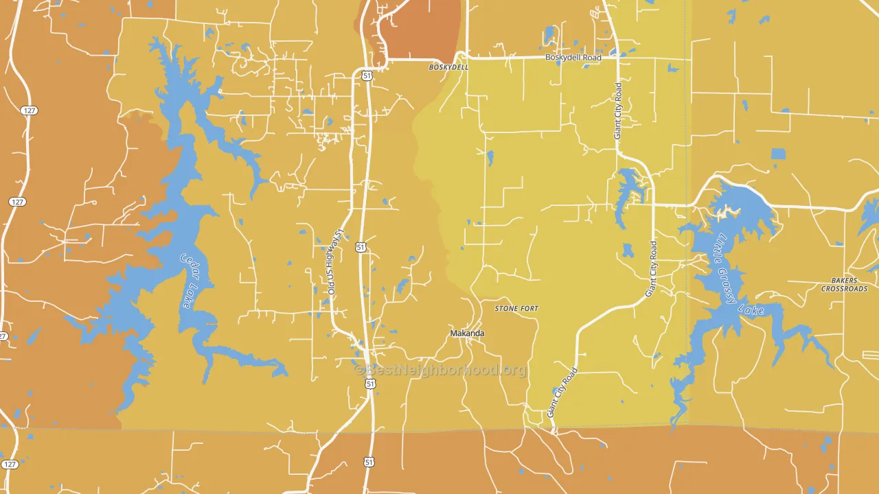 Map of the best neighborhoods in the 62958 area, with better matches in green and worse matches in red