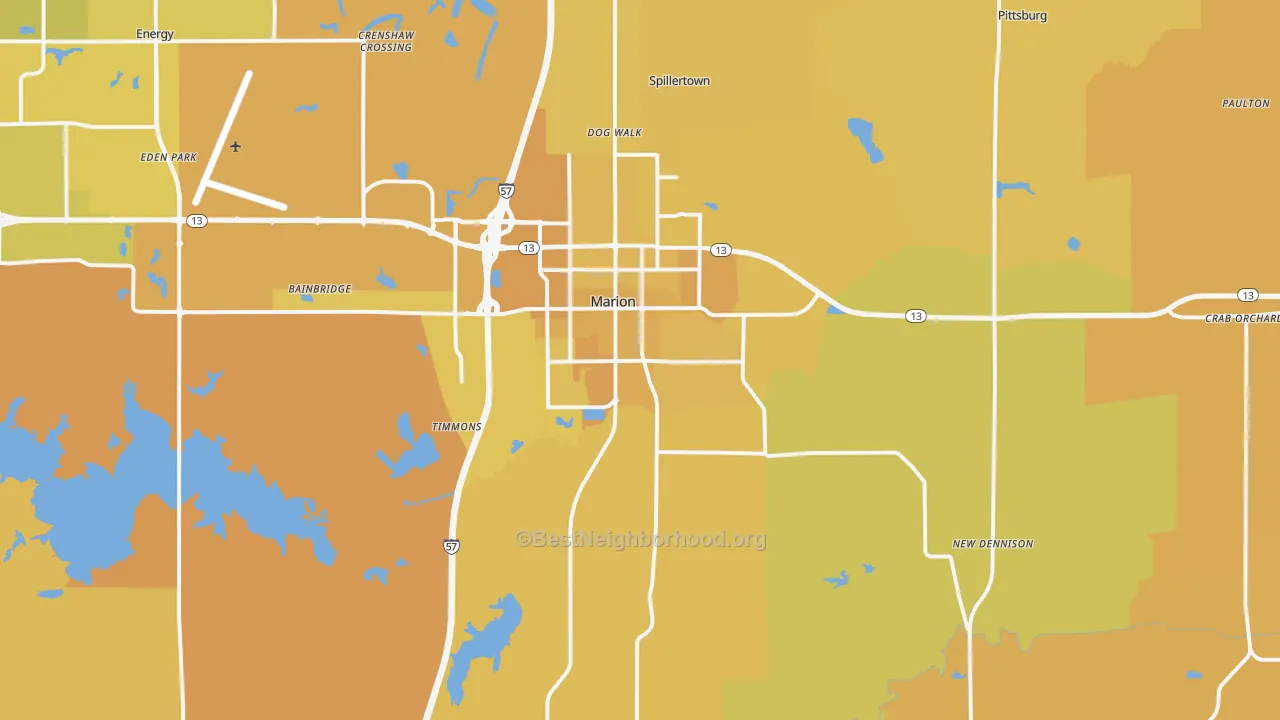 Map of the best neighborhoods in the 62959 area, with better matches in green and worse matches in red