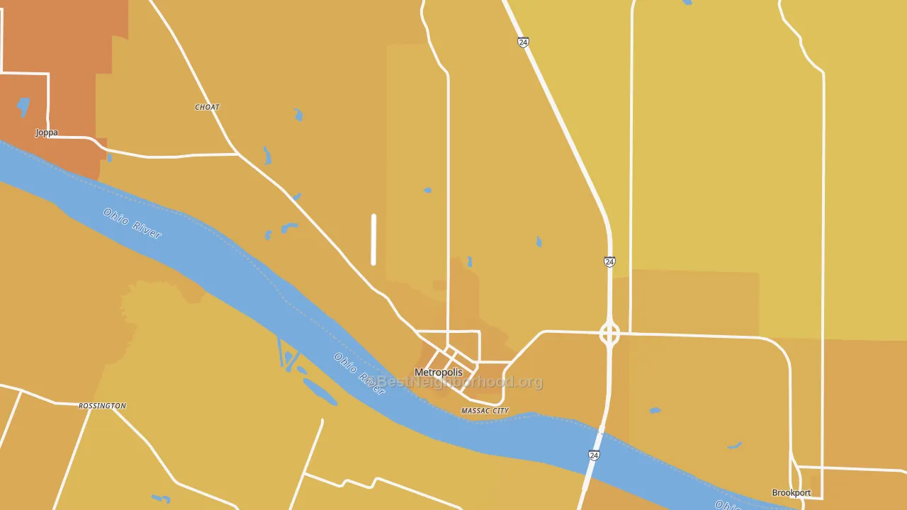 Map of the best neighborhoods in the 62960 area, with better matches in green and worse matches in red