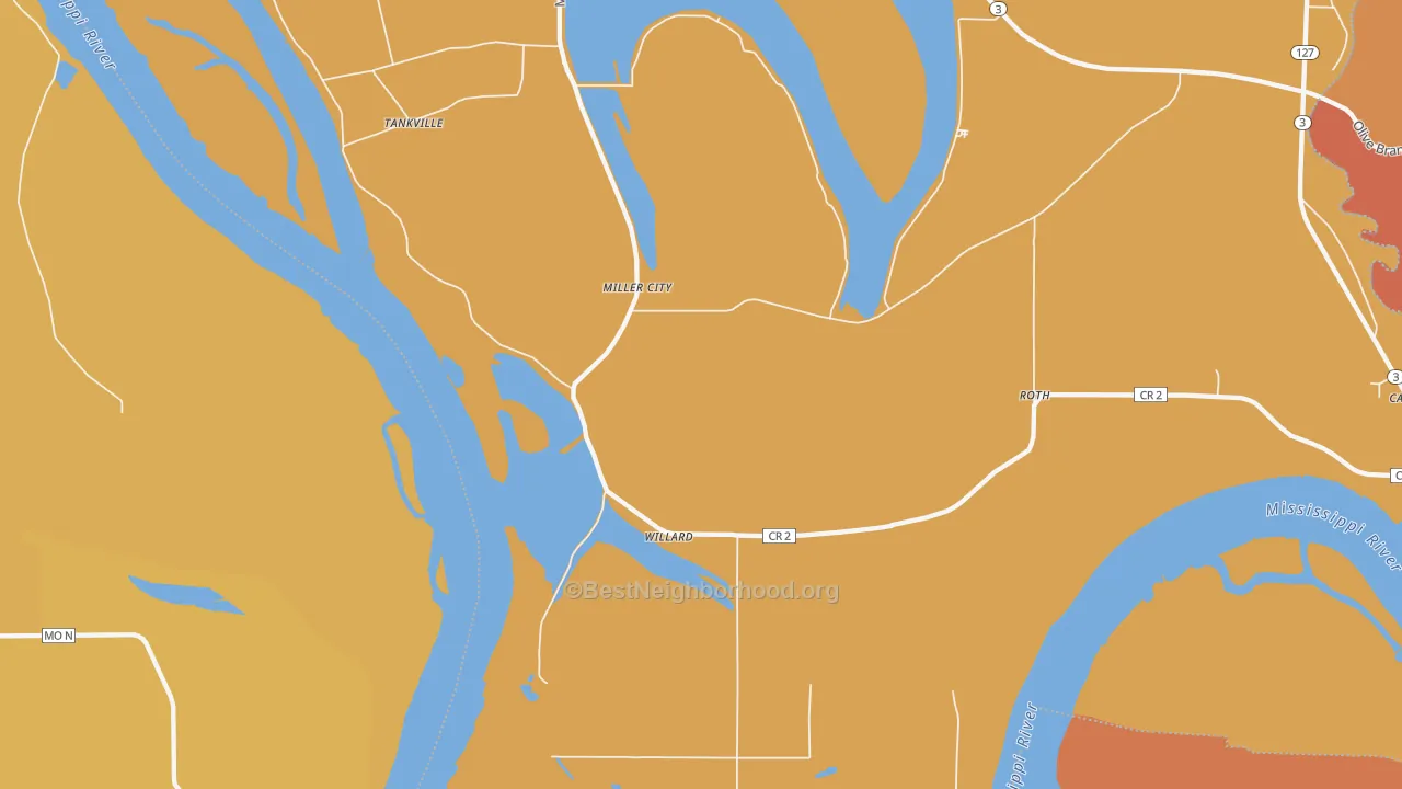 Map of the best neighborhoods in the 62962 area, with better matches in green and worse matches in red