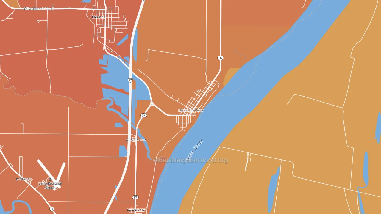 Map of the best neighborhoods in the 62963 area, with better matches in green and worse matches in red