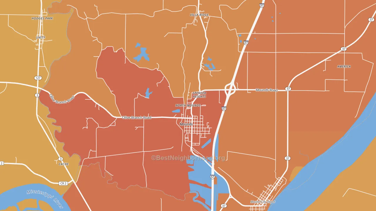 Map of the best neighborhoods in the 62964 area, with better matches in green and worse matches in red