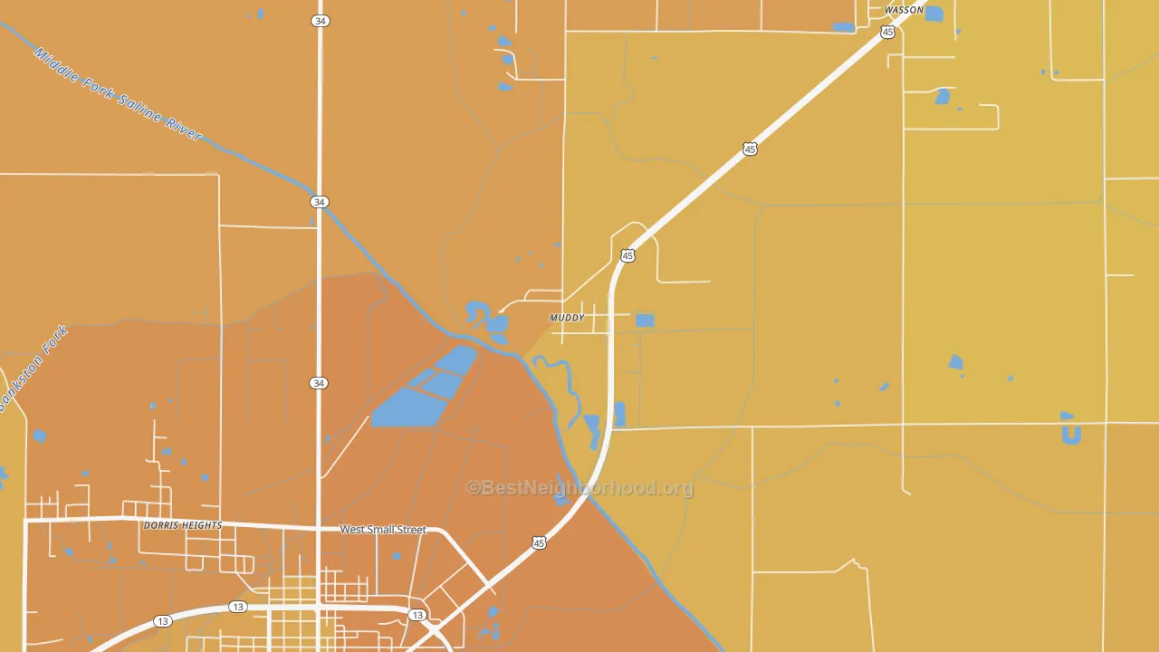 Map of the best neighborhoods in the 62965 area, with better matches in green and worse matches in red