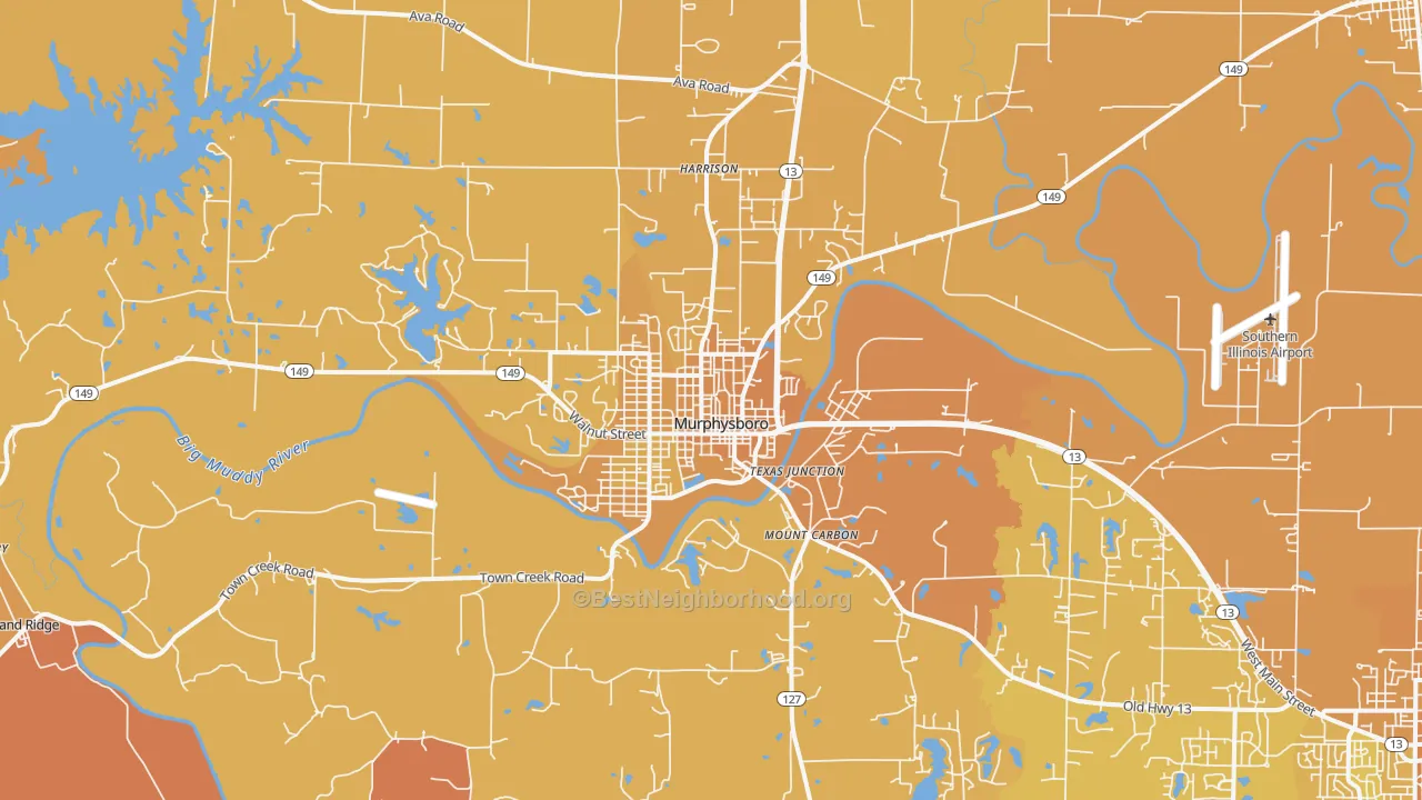 Map of the best neighborhoods in the 62966 area, with better matches in green and worse matches in red