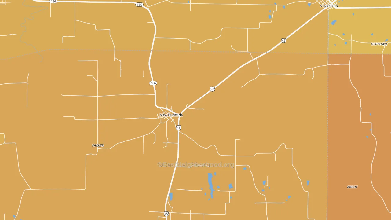 Map of the best neighborhoods in the 62967 area, with better matches in green and worse matches in red