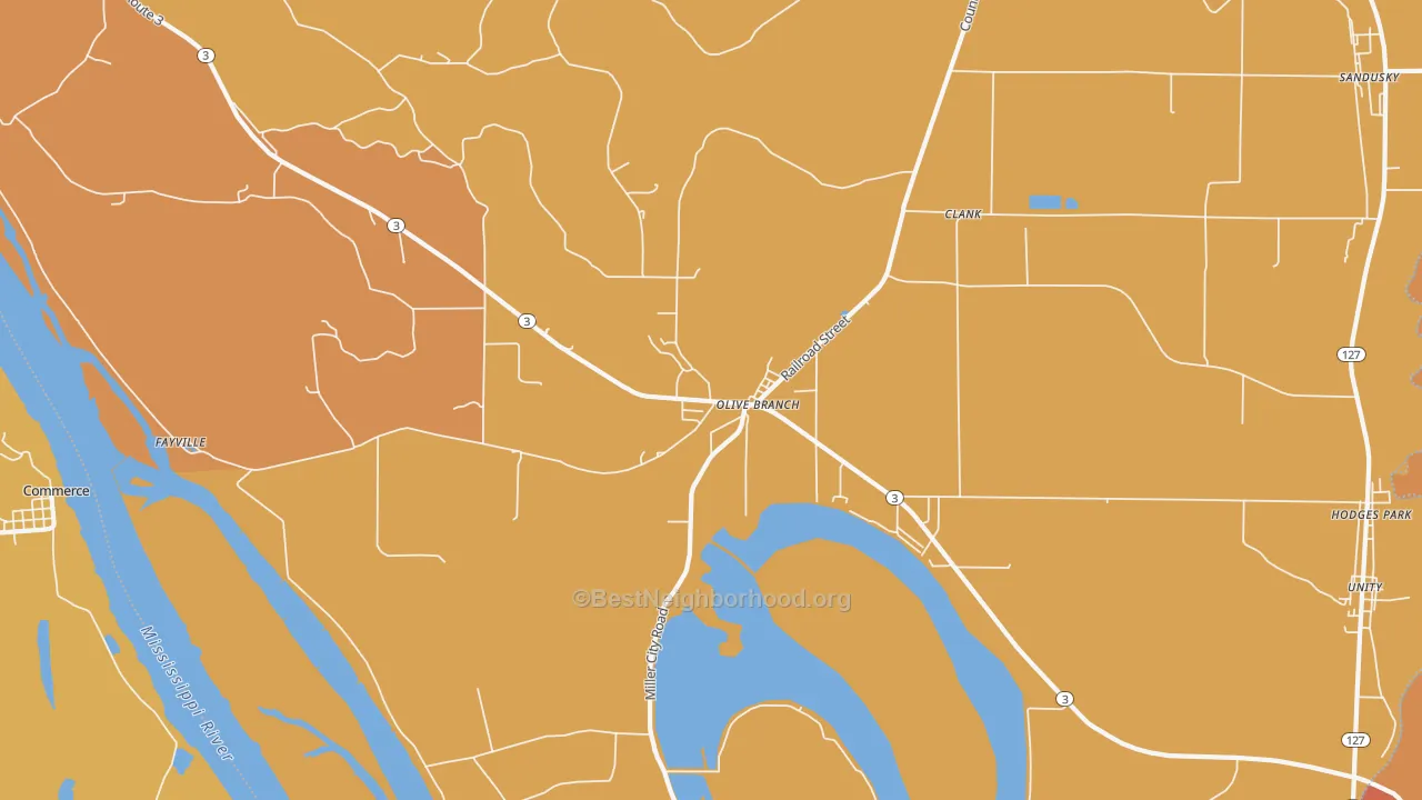 Map of the best neighborhoods in the 62969 area, with better matches in green and worse matches in red