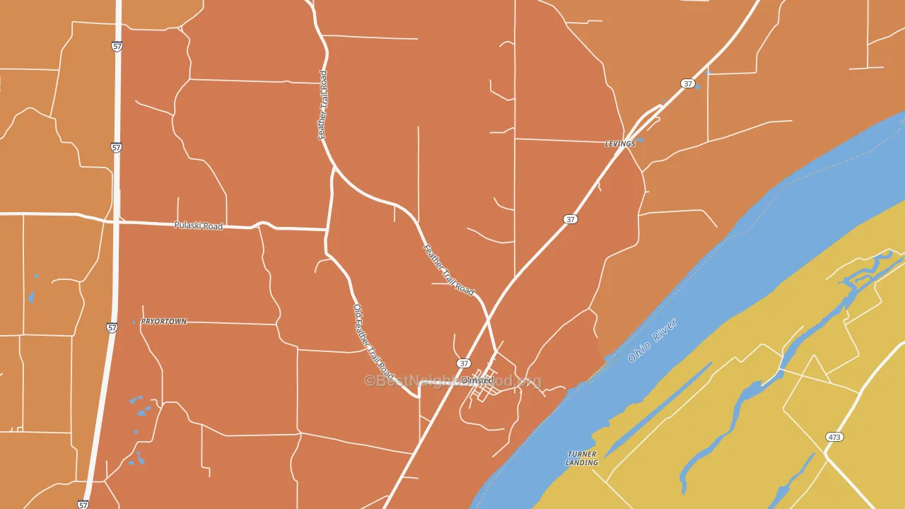 Map of the best neighborhoods in the 62970 area, with better matches in green and worse matches in red