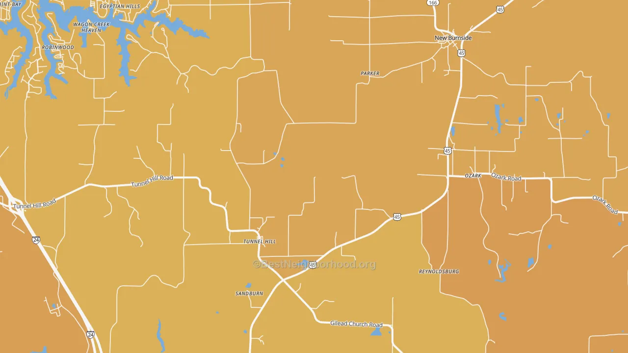Map of the best neighborhoods in the 62972 area, with better matches in green and worse matches in red