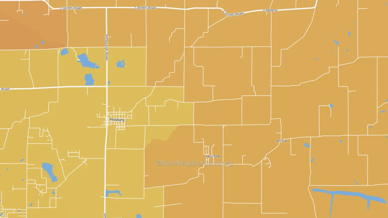 Map of the best neighborhoods in the 62974 area, with better matches in green and worse matches in red