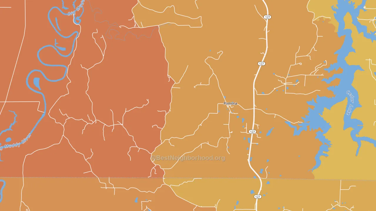 Map of the best neighborhoods in the 62975 area, with better matches in green and worse matches in red