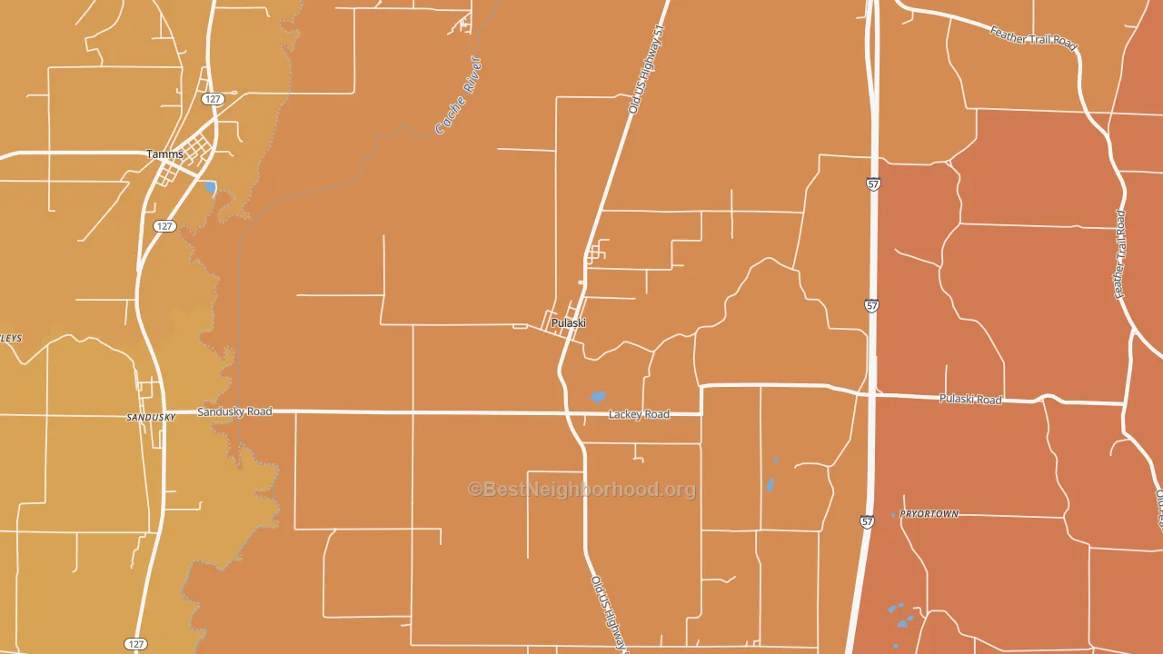Map of the best neighborhoods in the 62976 area, with better matches in green and worse matches in red
