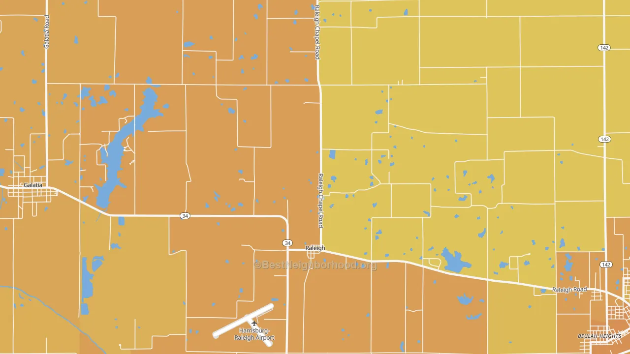 Map of the best neighborhoods in the 62977 area, with better matches in green and worse matches in red