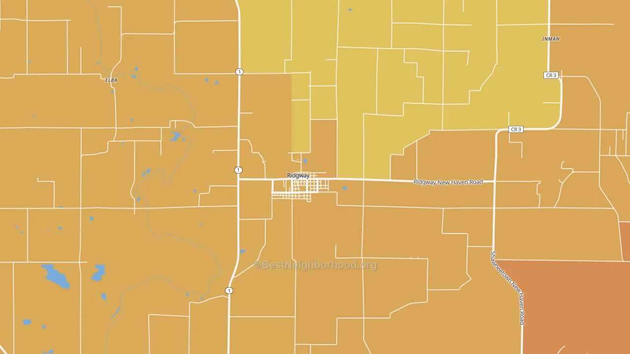 Map of the best neighborhoods in the 62979 area, with better matches in green and worse matches in red