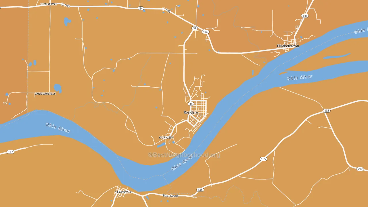 Map of the best neighborhoods in the 62982 area, with better matches in green and worse matches in red