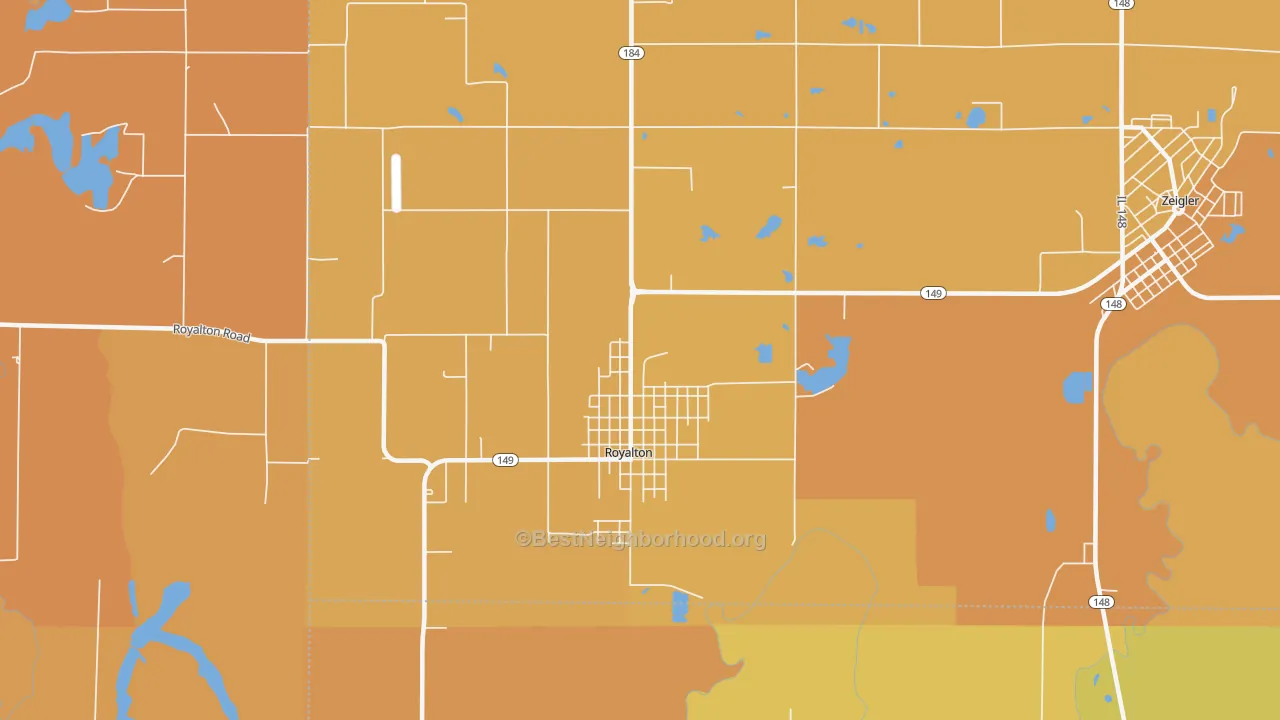 Map of the best neighborhoods in the 62983 area, with better matches in green and worse matches in red