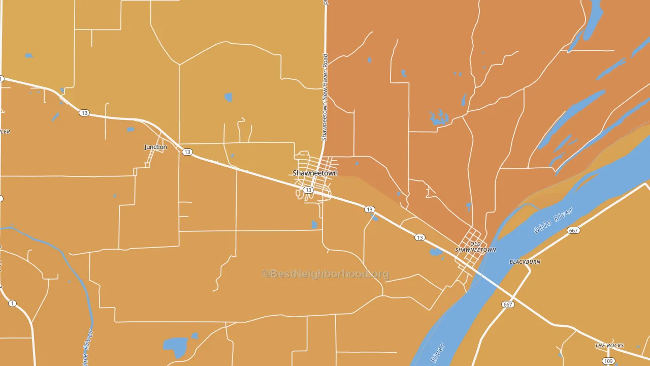 Map of the best neighborhoods in the 62984 area, with better matches in green and worse matches in red