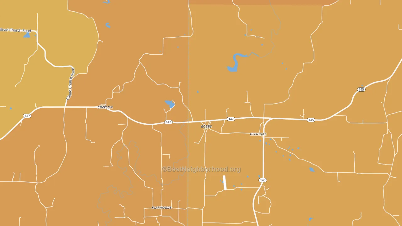 Map of the best neighborhoods in the 62985 area, with better matches in green and worse matches in red