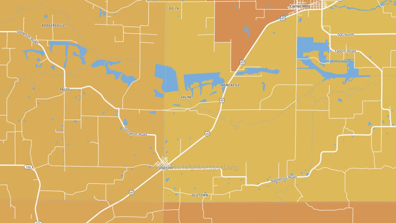 Map of the best neighborhoods in the 62987 area, with better matches in green and worse matches in red