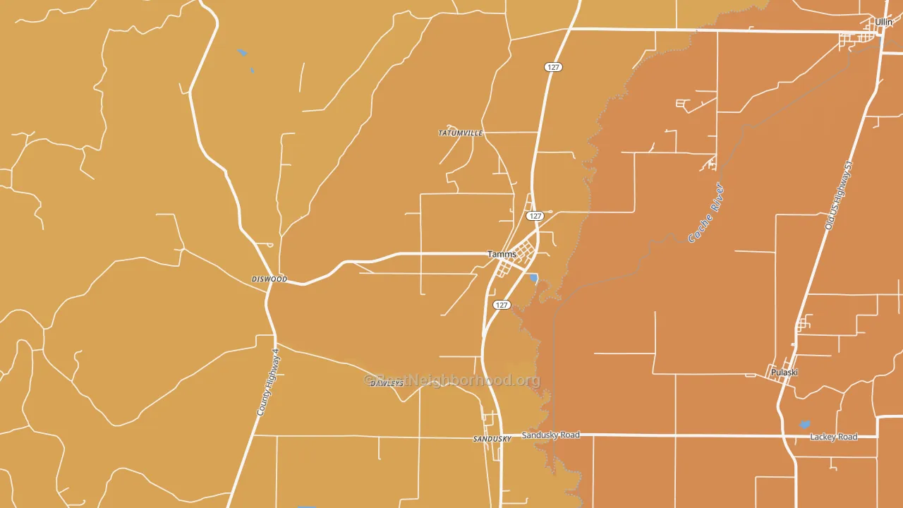 Map of the best neighborhoods in the 62988 area, with better matches in green and worse matches in red