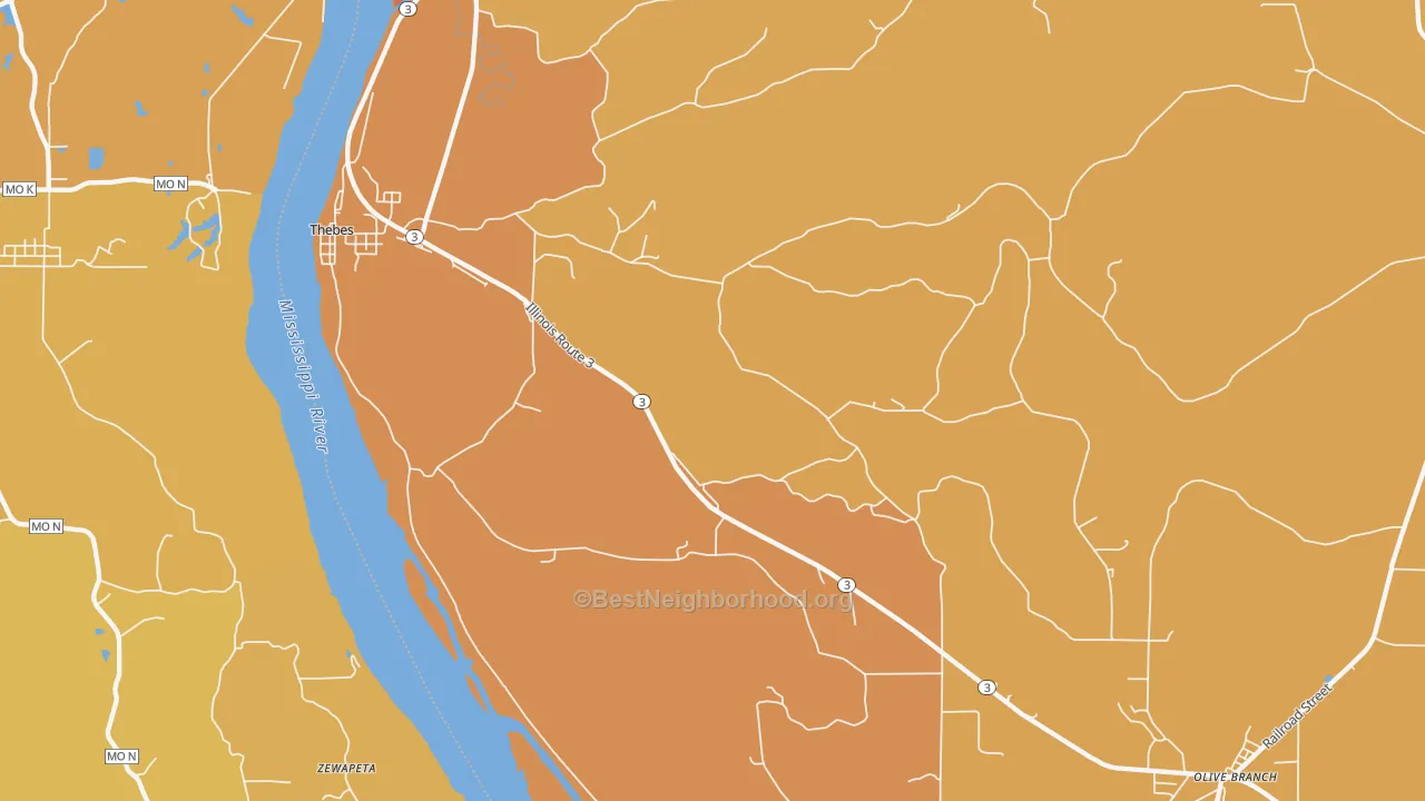 Map of the best neighborhoods in the 62990 area, with better matches in green and worse matches in red