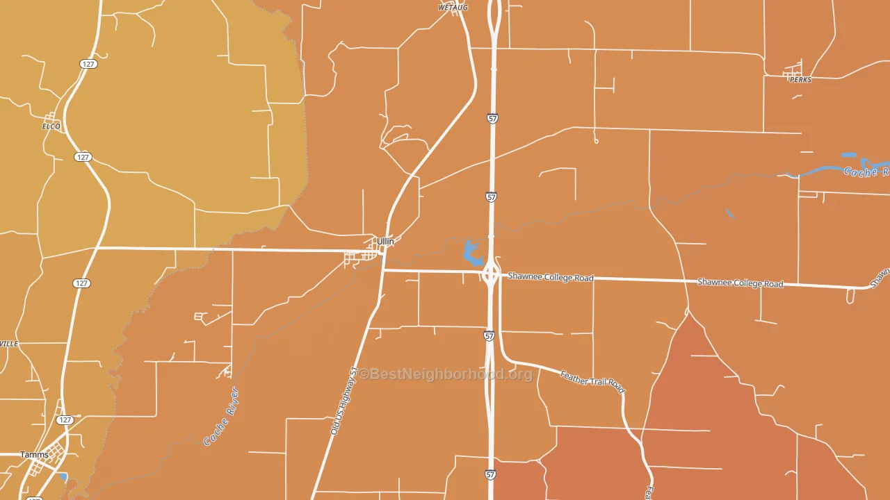 Map of the best neighborhoods in the 62992 area, with better matches in green and worse matches in red