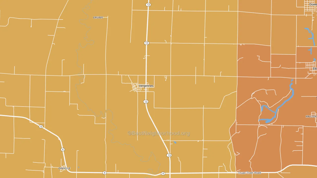 Map of the best neighborhoods in the 62994 area, with better matches in green and worse matches in red
