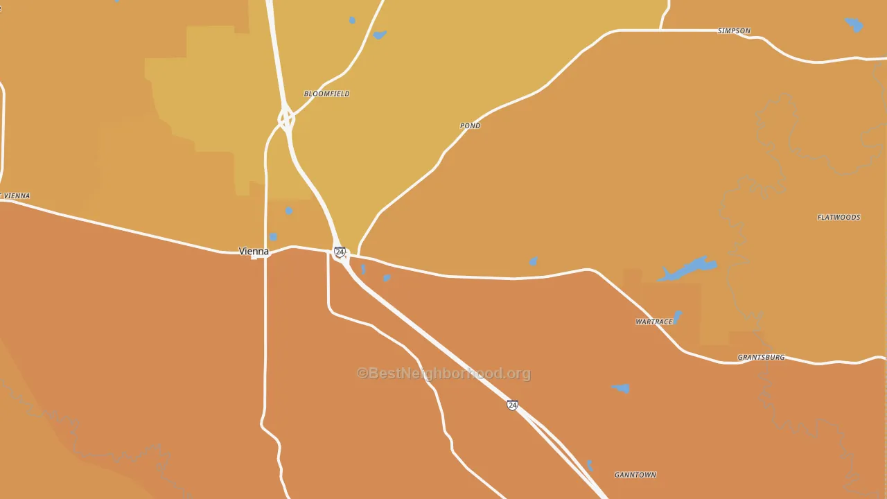 Map of the best neighborhoods in the 62995 area, with better matches in green and worse matches in red
