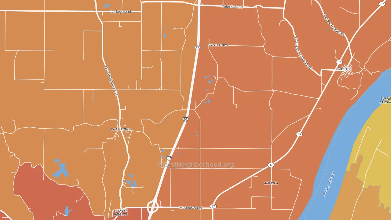 Map of the best neighborhoods in the 62996 area, with better matches in green and worse matches in red