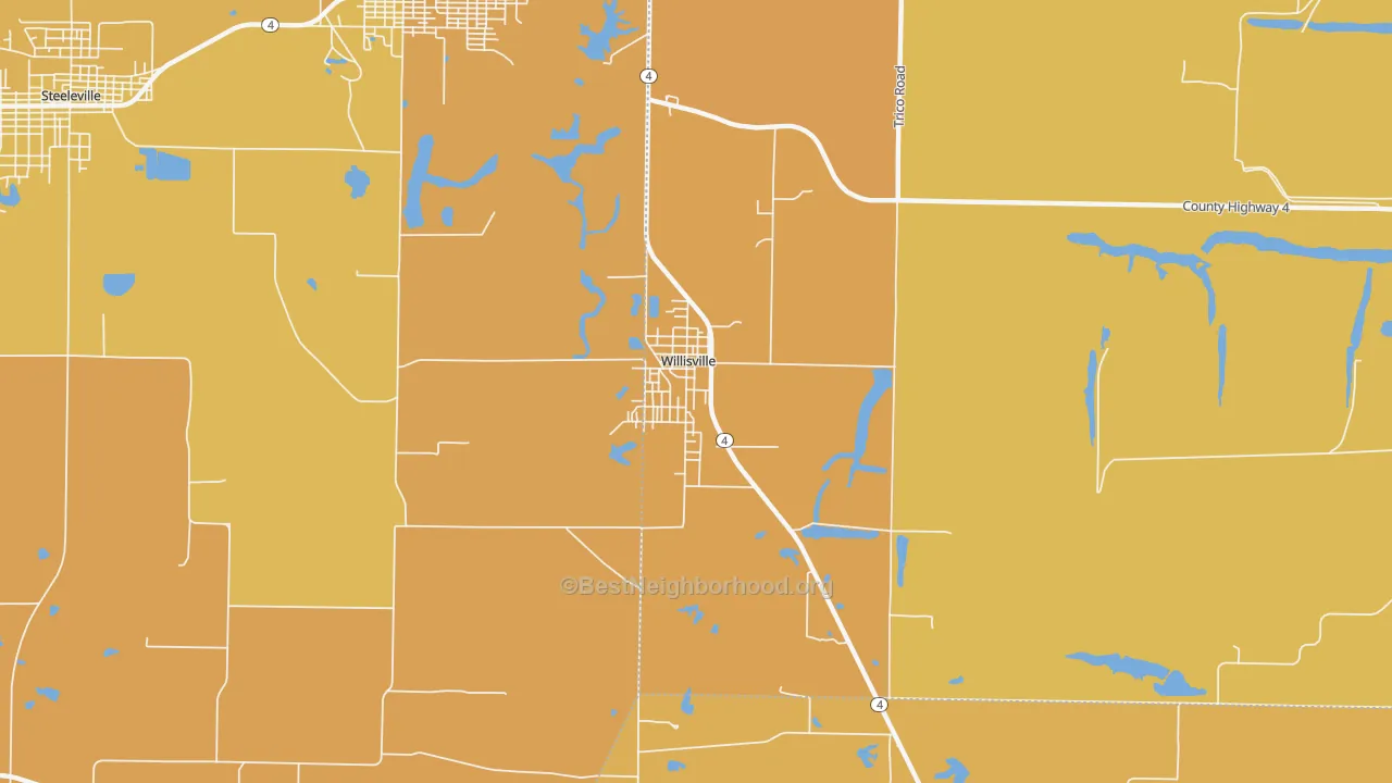 Map of the best neighborhoods in the 62997 area, with better matches in green and worse matches in red