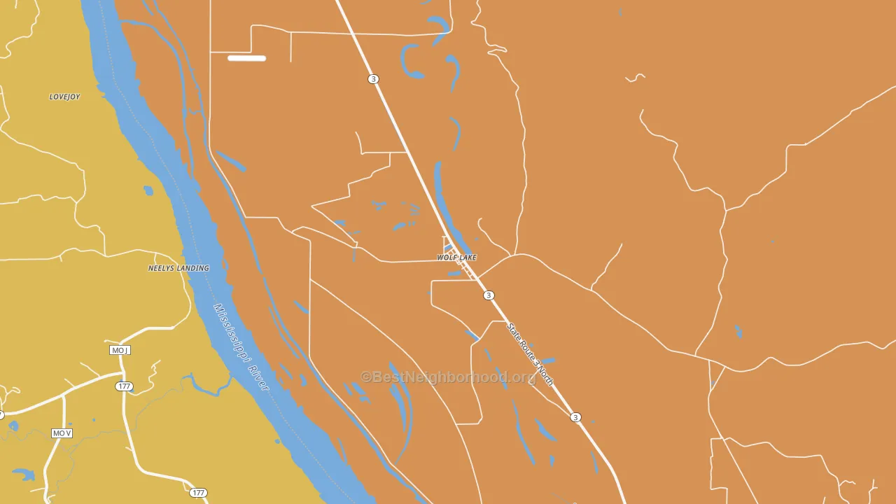 Map of the best neighborhoods in the 62998 area, with better matches in green and worse matches in red